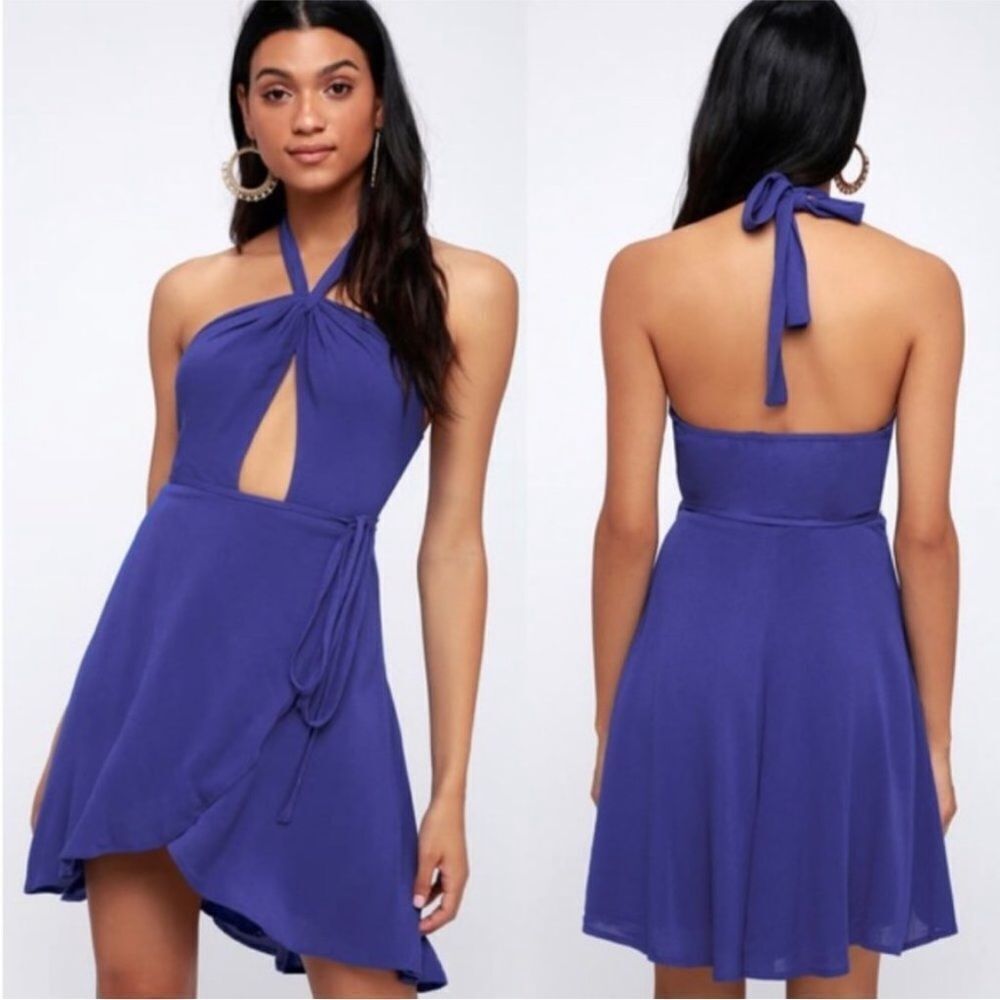 LULU’S | NEW Matinee Royal Blue Halter Wrap Mini Dress Cutout Women’s Size XL